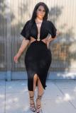 Black Sexy Bat sleeve Short Sleeves V Neck Asymmetrical Mid-Calf Solid Club Dresses