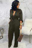 Blue Sexy Solid Button Long Sleeve O Neck Jumpsuits