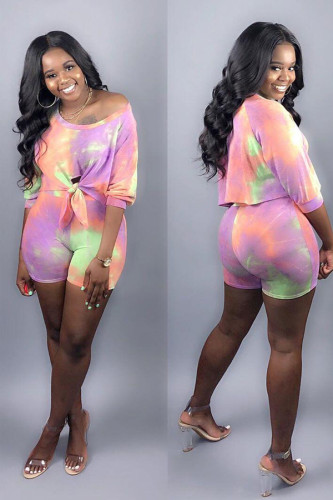 purple Casual Fashion Two Piece Suits asymmetrical Tie Dye crop top Regular