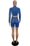 Blue Elastic Fly Long Sleeve High Patchwork Print Straight shorts Two-piece suit