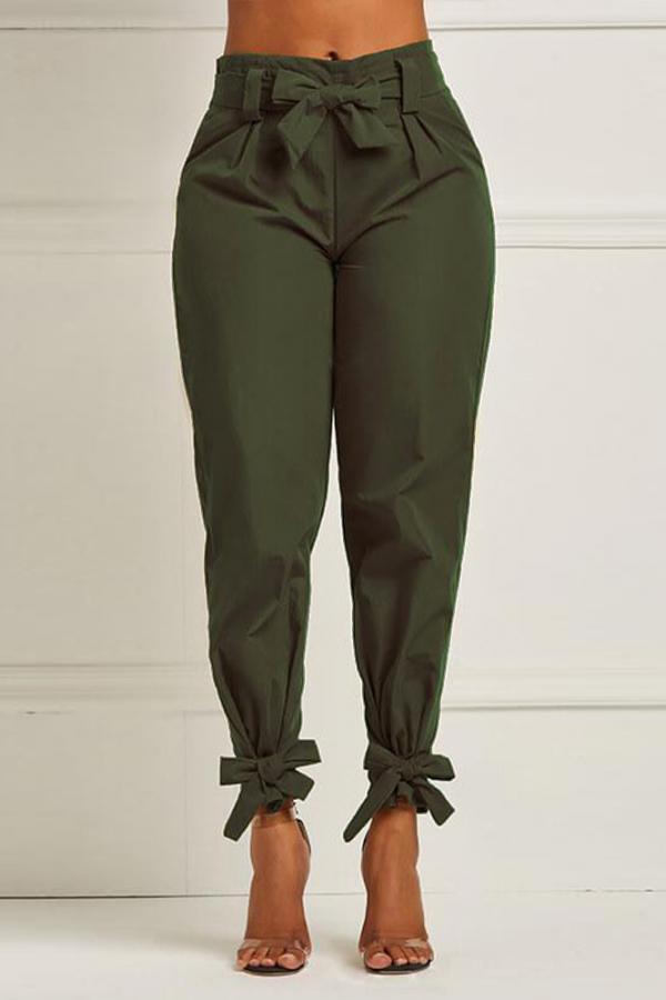 Green Elastic Fly High Solid Bow-knot Asymmetrical pencil Pants