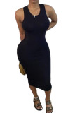 Black Fashion Solid Backless Asymmetrical O Neck Asymmetrical Dresses