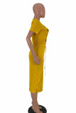 Желтая модная повседневная черная, серая, розовая, желтая, с короткими рукавами, с короткими рукавами, с круглым вырезом, ступенчатая юбка, платья с принтом до середины икры