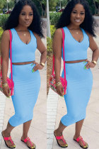 Blå Sexig Mode Patchwork Solid A-linje kjol Tvådelad klänning