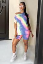 Multi-color Fashion Casual Two Piece Suits Tie Dye asymmetrical Loose Short Sleeve Two-Piece Short Se
