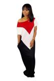 Red Casual Fashion One Shoulder Short Sleeves one shoulder collar Straight Floor-Length Patchw
