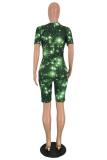 Green Casual Print Straight Short Sleeve Two-Piece Short Set
