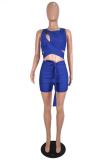 Blue Sexy Fashion Solid Asymmetrical bandage Hollow Sleeveless Asymmetrical Collar Rompers