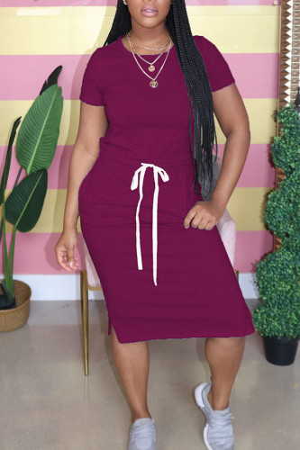 fuchsia Fashion Sweet Red Black Grey Blue Green Pink Yellow Light Blue fuchsia Light Green Cap Sleeve Short Sleeves O neck Pencil Dress Mid-Calf Solid Dresses