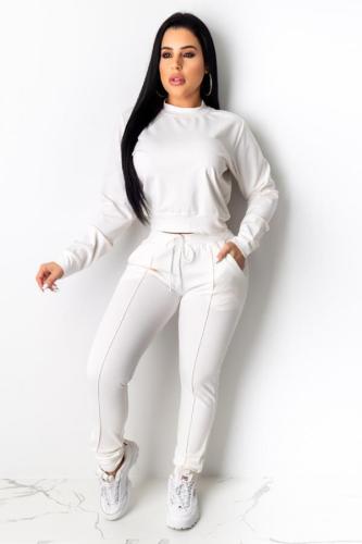 White Casual Fashion adult Bandage Two Piece Suits Solid Straight Long Sleeve Two-piece Pants S