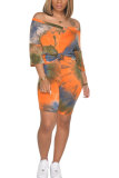 オレンジ ファッション セクシー 大人 パッチワーク プリント タイダイ ツーピース スーツ ストレート 半袖 ツーピース