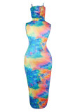 Orange Fashion Sexy adult Blue Orange Yellow purple Off The Shoulder Sleeveless Turtleneck Step Skirt Ankle-Length Print Patchwork Tie and dye Dresses