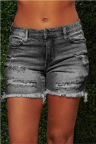 Grey Light Blue Dark Blue Button Fly Mid Patchwork Solid Washing Old Straight Bottoms Hot Pants Ripped Denim Shorts