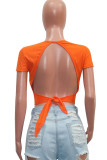 Orange Black Orange Yellow purple O Neck Short Sleeve Solid backless Tops