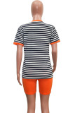 Orange Fashion Casual Striped Two Piece Suits Straight Short Sleeve Two Pieces