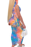 Orange Fashion Sexy adult Blue Orange Yellow purple Off The Shoulder Sleeveless Turtleneck Step Skirt Ankle-Length Print Patchwork Tie and dye Dresses
