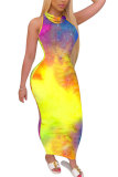 Blue Fashion Sexy adult Blue Orange Yellow purple Off The Shoulder Sleeveless Turtleneck Step Skirt Ankle-Length Print Patchwork Tie and dye Dresses