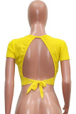 Желтый Черный Оранжевый Желтый Фиолетовый О-образный вырез С короткими рукавами Однотонные топы с открытой спиной