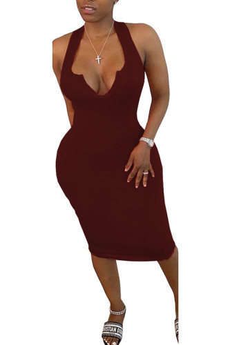 Wine Red Polyester Fashion Sexy White Blue Wine Red Off The Shoulder Sleeveless V Neck Pencil Dress Mid-Calf Solid Dresses