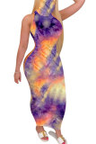 purple Fashion Sexy adult Blue Orange Yellow purple Off The Shoulder Sleeveless Turtleneck Step Skirt Ankle-Length Print Patchwork Tie and dye Dresses