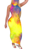 Blue Fashion Sexy adult Blue Orange Yellow purple Off The Shoulder Sleeveless Turtleneck Step Skirt Ankle-Length Print Patchwork Tie and dye Dresses