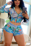 Cyan Fashion Active Print Two Piece Suits Straight Long Sleeve Two Pieces