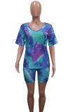 Dark Blue Fashion Sexy adult Patchwork Print Tie Dye Two Piece Suits Straight Short Sleeve Two Pieces