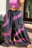 rose red Pink rose red colour Drawstring Mid Patchwork Print Loose Pants Bottoms