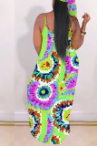 Multi-color Fashion adult OL Green Multi-color multicolor Off The Shoulder Sleeveless V Neck Swagger Floor-Length Print Patchwork Tie and dye Dresses