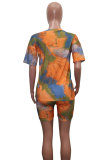 Orange Fashion Sexy adult Patchwork Print Tie Dye Two Piece Suits Straight Short Sleeve Two Pieces