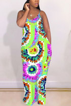 Multi-color Fashion adult OL Green Multi-color multicolor Off The Shoulder Sleeveless V Neck Swagger Floor-Length Print Patchwork Tie and dye Dresses