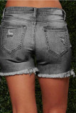 Grey Light Blue Dark Blue Button Fly Mid Patchwork Solid Washing Old Straight Bottoms Hot Pants Ripped Denim Shorts