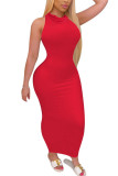 赤ファッションセクシーな赤黒ピンク紫オフショルダーノースリーブ O ネックステップスカート足首までの長さの固体ドレス