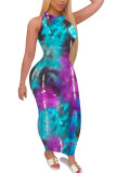 purple Fashion Sexy adult Blue Orange Yellow purple Off The Shoulder Sleeveless Turtleneck Step Skirt Ankle-Length Print Patchwork Tie and dye Dresses