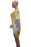 Mustard yellow Fashion Sexy adult Patchwork Print Tie Dye Two Piece Suits Straight Short Sleeve Two Pieces