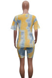 Dark Blue Fashion Sexy adult Patchwork Print Tie Dye Two Piece Suits Straight Short Sleeve Two Pieces