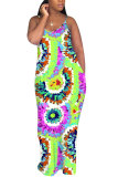 Green Fashion adult OL Green Multi-color multicolor Off The Shoulder Sleeveless V Neck Swagger Floor-Length Print Patchwork Tie and dye Dresses
