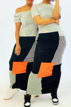 Серые модные повседневные серые платья с короткими рукавами для взрослых и круглым вырезом трапециевидной формы до щиколотки в полоску с принтом в стиле пэчворк