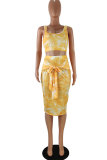 Yellow Fashion Casual adult Patchwork Print Tie Dye Bandage Two Piece Suits pencil Sleeveless Two Pieces