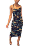 serpentine Fashion Sexy Leopard print Camouflage serpentine Spaghetti Strap Sleeveless Slip Step Skirt Mid-Calf Print Dresses