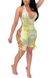 Green Fashion Sexy Patchwork bandage Backless Hollow Sleeveless V Neck Rompers