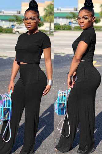Black Casual Fashion Slim fit crop top Solid Two Piece Suits Straight