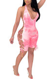 Pink Fashion Sexy Patchwork bandage Backless Hollow Sleeveless V Neck Rompers
