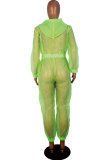 Зеленые сексуальные модные лоскутные однотонные сетчатые комбинезоны с длинным рукавом и V-образным вырезом