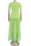 Флуоресцентный зеленый модный сексуальный короткий рукав с короткими рукавами и круглым вырезом трапециевидной формы длиной до колена в сеточку в стиле пэчворк перспектива