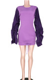 purple Casual Bubble sleeves Long Sleeves O neck Hip skirt skirt ruffle Solid hollow out Patchwor
