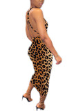 ヒョウ柄ファッションセクシーなヒョウ柄迷彩蛇紋岩スパゲッティストラップノースリーブスリップステップスカートミッドカーフプリントドレス