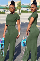 Green Casual Fashion Slim fit crop top Solid Two Piece Suits Straight