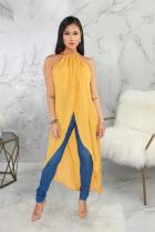 Yellow Polyester Sexy Fashion Tank Sleeveless O neck Asymmetrical Ankle-Length Patchwork Solid asymmetrical