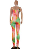 Green Fashion Casual Tie-dyed Milk. Sleeveless Slip Jumpsuits